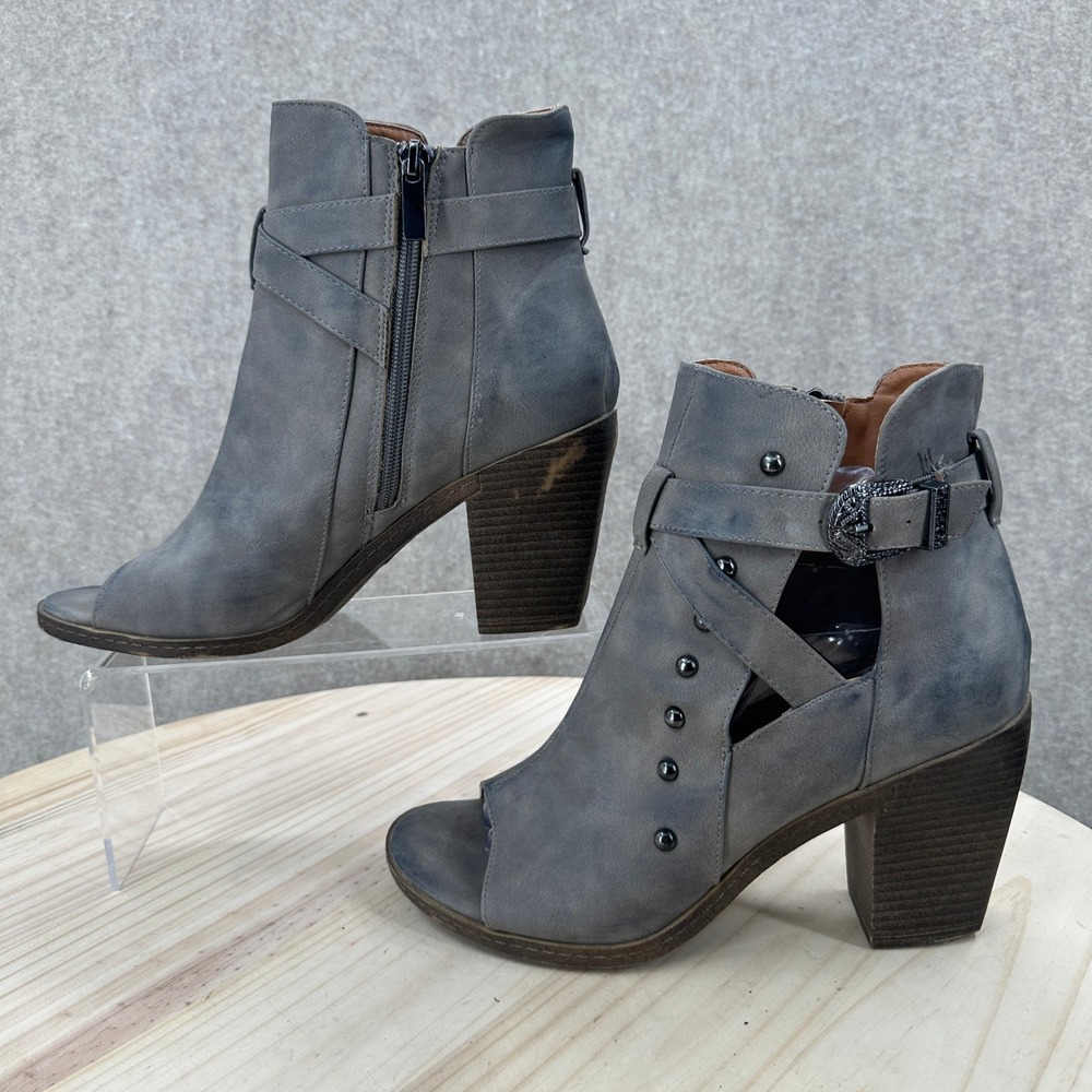 Buckle Vintage 93 Cali Ankle Boots Womens 8.5 Gray Peep Toe Studded Cali Bootie